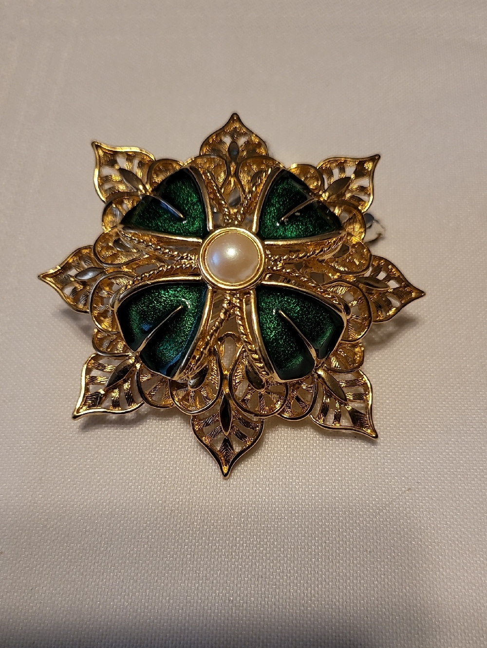 Monet Vintage Brooch Gold Green Enamel Pearl
